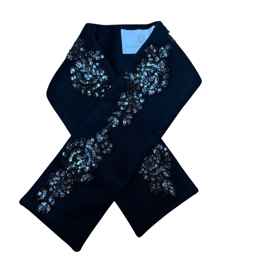 Claire Florence Black Wool‎ Floral Sequin Embellished Scarf Collar Accessory
